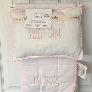 BNWT Rae Dunn White Baby Pillow & Quilted Blanket with Pink Trim